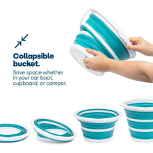 Load image into Gallery viewer, LIVIVO Collapsible Bucket – Large 10L Capacity Sturdy Folding Silicon Water Bucket with Comfortable Grip Handle – Neat and Tidy Space Saving Solution for your Garage Shed Home Bedroom (Turquoise)