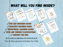 Load image into Gallery viewer, Kids Activity Book | 34 Pages of Colouring, Counting, Tracing, Mazes, Dot-to-Dot & Puzzles | Preschool Printable