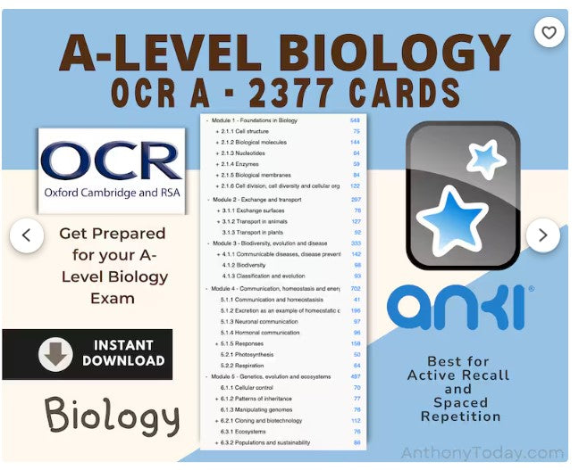 Biology A Level OCR A Exam Anki Cards For Student Flashcards Biology Practice Questions 2024 Revision Notes Study Resources OCR Anki Deck