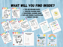 Load image into Gallery viewer, Kids Activity Book | 34 Pages of Colouring, Counting, Tracing, Mazes, Dot-to-Dot & Puzzles | Preschool Printable