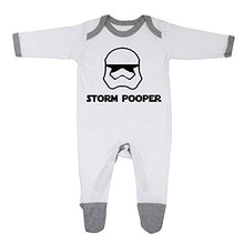 Load image into Gallery viewer, 'Storm Pooper' Fun Star Wars Inspired Baby Boy Girl Sleepsuit Made in the UK Using 100% Fine Combed Cotton (0-3 Months, White/Grey Trim)