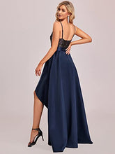 Load image into Gallery viewer, Ever-Pretty Women's V Neck Elegant A Line Hi-Low Empire Waist Satin Skirt Long Evening Gowns Dresses with Sequin Navy Blue 18UK