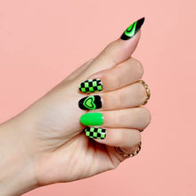 Load image into Gallery viewer, Press on Green Nails Medium Short Almond, Neon Green Acrylic Oval Fake Nails with Checkerboard Design Stick Glue on Nails 24PCS Reusable False Nail Tips with 48Pcs Adhesive Tabs Nail File, Cuticle Stick, Gift for Girlfriend/Women GLAMERMAID