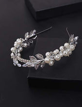Load image into Gallery viewer, BERYUAN Bridal Leaf Pearl Tiara Women Crown Silver Wedding Hair Accessory Rhinestone Crystal Hair Piece Gift for Her Party Headpiece for Bride Bridesmaid Girls (Silver)