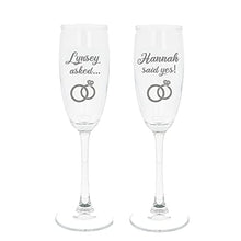 Load image into Gallery viewer, Personalised Engraved Engagement Set of 2 Champagne Flute Glass Set Asked Said Yes with Names Congratulations on Your Engagement Gift (Filled with Chocolate Hearts)
