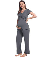 Load image into Gallery viewer, Women Breastfeeding Pyjama Set Short Sleeve Tops & Long Pants Cosy Bamboo Maternity Nursing Pregnancy Labor Postpartum Sleepwear (Dark Grey, XXL)