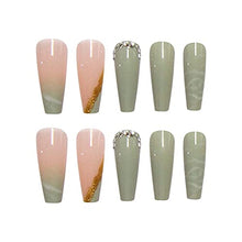 Load image into Gallery viewer, RikView Press on Nails Long Acrylic Nails Coffin Fake Nails Green Nails with Rhinestones