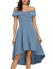Load image into Gallery viewer, JASAMBAC Cocktail Dresses for Wedding Guest High Low Formal Off The Shoulder Dresses for Women Haze Blue M