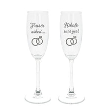 Load image into Gallery viewer, Personalised Engraved Engagement Set of 2 Champagne Flute Glass Set Asked Said Yes with Names Congratulations on Your Engagement Gift (Filled with Chocolate Hearts)
