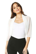 Load image into Gallery viewer, Roman Originals Women Chiffon Bolero Shrug Jacket - Ladies Ruched Hem Cover Up Smart Formal Sheer Mesh Wrap Shimmer Cropped Cardigan Wedding Guest Evening Crease Free Blazer - Ivory - Size 14