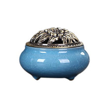 Load image into Gallery viewer, Ruilasago Ceramic Incense Burner with Brass Calabash Incense Stick Holder Porcelain Charcoal Censer Copper Alloy Cover Cone Coil Smoke Censer (Sky Blue)