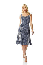 Load image into Gallery viewer, Roman Originals Fit & Flare Dress - Ladies Patchwork Geometric Tropical Floral Print Skater Stretch Jersey Swing Smart Strappy Flattering Casual Summer Sleeveless Knee Length - Blue - Size 10