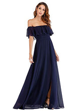 Load image into Gallery viewer, Ever-Pretty Women's Off The Shoulder Elegant Empire Waist A-Line Chiffon Long Party Dresses with Thigh High Slit Navy Blue 18UK