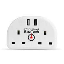 Load image into Gallery viewer, BazTechElectroS European Travel Adapter Plug EU Two Pin Converter to UK 3 Pin Mains Switch Extension 2 Sockets with 2 USB Ports EU to UK Adapter