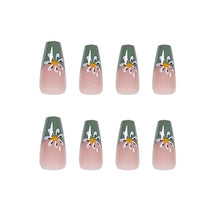 Load image into Gallery viewer, 24Pcs Press on Green Nails Medium Length Fake Nails Full Cover Stick on Nails French Green Daisy Exquisite Design Fashion Nail Decoration for Nails for Women and Girls