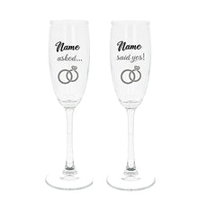 Load image into Gallery viewer, Personalised Engraved Engagement Set of 2 Champagne Flute Glass Set Asked Said Yes with Names Congratulations on Your Engagement Gift (Filled with Chocolate Hearts)