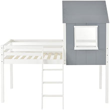 Load image into Gallery viewer, Childrens Cabin Loft Bed Frame, Pine Wood Frame, Mid-Sleeper with Treehouse Canopy & Ladder, Central Ladder, Suitable for Children Boys Girls, No Matress, Gray【UK Fast Shippment】