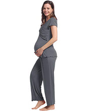 Load image into Gallery viewer, Women Breastfeeding Pyjama Set Short Sleeve Tops & Long Pants Cosy Bamboo Maternity Nursing Pregnancy Labor Postpartum Sleepwear (Dark Grey, XXL)