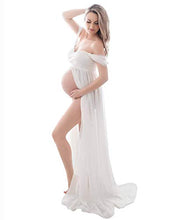 Load image into Gallery viewer, FEOYA Maternity Dress Lace Chiffon Dress for Photos Shoot Front Split Off Shoulder Maxi Dress for Pregnant Women White Size M