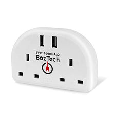 Load image into Gallery viewer, BazTechElectroS European Travel Adapter Plug EU Two Pin Converter to UK 3 Pin Mains Switch Extension 2 Sockets with 2 USB Ports EU to UK Adapter