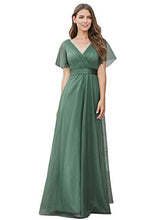 Load image into Gallery viewer, Ever-Pretty Women's V Neck Floor Length A Line Empire Wasit Short Sleeve Tulle Long Prom Dresses Green 8UK