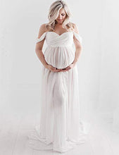 Load image into Gallery viewer, FEOYA Maternity Dress Lace Chiffon Dress for Photos Shoot Front Split Off Shoulder Maxi Dress for Pregnant Women White Size M