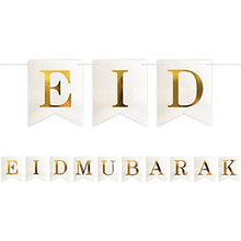 Load image into Gallery viewer, Eid Mubarak Card Hanging Bunting Banner Decoration - White Plain Gold Letter 2m