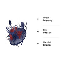 Load image into Gallery viewer, Caprilite Navy Blue and Burgundy Sinamay Disc Saucer Fascinator Hat for Women Weddings Headband
