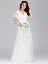 Load image into Gallery viewer, Ever-Pretty Women's V Neck Short Sleeve Empire Waist Tulle A Line Long Elegant Wedding Dresses White 12UK