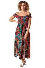 Load image into Gallery viewer, Roman Originals Women Floral Shirred Bardot Maxi Dress - Ladies Summer Holiday Beach Casual Everyday Comfort Relaxed Loose Fitting Elasticated Off Shoulder Floor Length Dress - Multi - Size 16