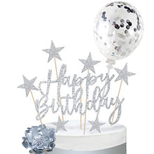 Load image into Gallery viewer, iZoeL Sliver Cake Decoration Confetti Balloon Cake Topper Sliver Happy Birthday Cake Topper Stars Heart Cupcake Topper for Women Man Boys Girls (silver)