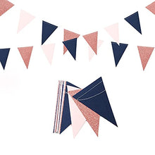 Load image into Gallery viewer, Navy Blue Pink Rose Gold Paper Pennant Banner,2 Pack Glitter Sprinkles Glitter Triangle Flags, Birthday Graduation Gender Reveal Wedding Baby Shower Party Decoration Bunting Lasting Surprise