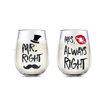 Load image into Gallery viewer, Mr. Right and Mrs. Always Right Wine Glasses Set, Stemless Wine Glass Gifts, Wedding Gift for Couple, Anniversary Presents, for Bride and Groom