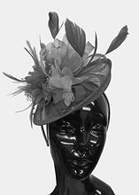 Load image into Gallery viewer, Caprilite Navy Blue and Burgundy Sinamay Disc Saucer Fascinator Hat for Women Weddings Headband