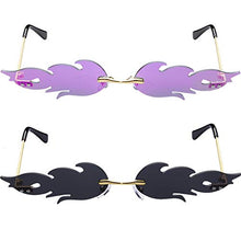 Load image into Gallery viewer, Haichen 2 Pairs Trendy Stylish Flame Sunglasses Rimless Color Mirrored Fire Flame Shape Glasses for Men Women (Black+Purple)