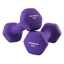 Load image into Gallery viewer, SONGMICS Women's SYL64PL Set of 2 Gym Dumbbells Vinyl in Various Weight and Colour Variations 2 x 2 kg, Purple, 16 x 7.5 cm