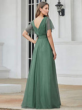 Load image into Gallery viewer, Ever-Pretty Women's V Neck Floor Length A Line Empire Wasit Short Sleeve Tulle Long Prom Dresses Green 8UK