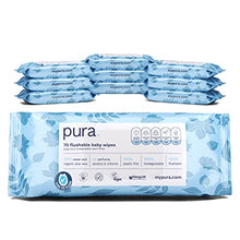 Load image into Gallery viewer, Pura Flushable Baby Wipes 100% Plastic Free, 99% Water, Suitable for Sensitive Skin & Eczema Prone Skin, Hypoallergenic. Biodegradable, Compostable, Vegan. 10 x 70 per pack, (700 Wet Wipes)