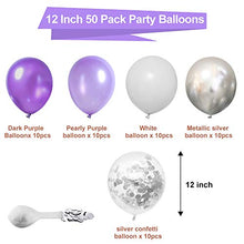 Load image into Gallery viewer, Wedding Balloons Purple Violet White Silver 50 pcs 12 inch Confetti Metallic Helium Latex Balloon with Purple Ribbon for Girls Birthday Baby Shower Bridal Party Event Decoration