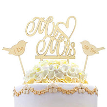 Load image into Gallery viewer, Wedding Cake Topper,KAKOO 1pcs Mr and Mrs Retro Wooden Cake Topper with 2pcs I DO & ME Too Love Birds for Wedding Valentine Anniversaries Cake Decoration