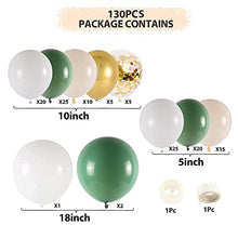Load image into Gallery viewer, Sage Green Balloon Garland Arch Kit, 130pcs Avocado Green Balloon with White Balloons Gold Metallic Latex and Confetti Balloons for Baby Shower, Birthday, Jungle Safari Theme Party Decoration