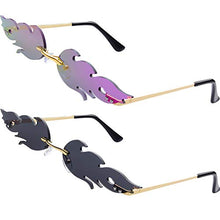 Load image into Gallery viewer, Haichen 2 Pairs Trendy Stylish Flame Sunglasses Rimless Color Mirrored Fire Flame Shape Glasses for Men Women (Black+Purple)