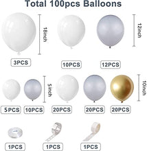 Load image into Gallery viewer, Balloon Arch Kit, White Grey Balloon Garland 100PCS Birthday Decoration, with Gold Balloons & Balloon Strip & Knotter, for Boy Girl Happy Birthday Party, Wedding Bridal Engagement Baby Shower