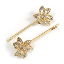 Load image into Gallery viewer, Avalaya 2 Bridal/Prom Clear Crystal Flower Hair Grips/Slides in Gold Tone - 65mm Across