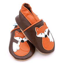 Load image into Gallery viewer, Dotty Fish Soft Leather Baby Shoes. Toddler Shoes. Boys and Girls. Non Slip. Brown Shoe with Fox. 0-6 Months (1 UK Child)