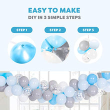 Load image into Gallery viewer, PartyBro Balloon Arch & Garland Kit | Blue, White, Grey, & Silver Balloons | Including Tying Tool, Balloon Tape, & Glue Dots | Decoration for Birthdays, Baby Showers, or Christenings for Boys & Men