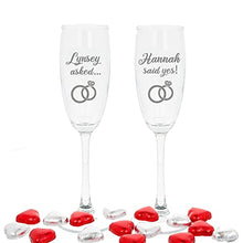 Load image into Gallery viewer, Personalised Engraved Engagement Set of 2 Champagne Flute Glass Set Asked Said Yes with Names Congratulations on Your Engagement Gift (Filled with Chocolate Hearts)