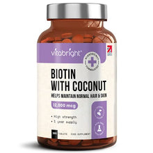 Load image into Gallery viewer, Biotin Hair Growth Supplement 12,000mcg - 365 High Strength Biotin Tablets for Hair - 1 Year Supply - Vegan Friendly Biotin Coconut Oil Supplement - for Normal Skin & Hair Growth in Men & Women