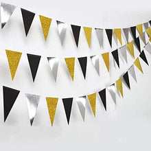 Load image into Gallery viewer, 30 Feet Double Sided Glitter Paper Triangle Flag,Bunting Pennant Banner for Birthday Holiday Wedding Anniversary Graduation Theme Christmas Party Supplies Decorations.(Gold+Mirror-like silver+Black)