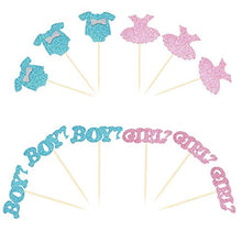 Load image into Gallery viewer, Unimall 24Pcs Boy or Girl Cupcake Toppers Glitter Onesie Jumpsuit Cupcake Picks Baby Shower Cake Toppers Kids Birthday Gender Reveal Party Cake Decorations Supplies